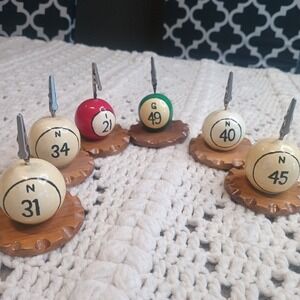 Lot, 6 Bingo Admission Ticket Receipt Holder Handmade Wood Ball Signed Good Luck